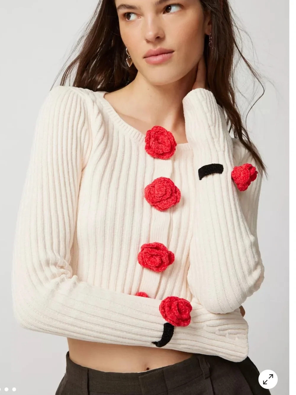 For Love & Lemons Roxana Cardigan Ribbed Knit Rosette Appliqus White Womens Med